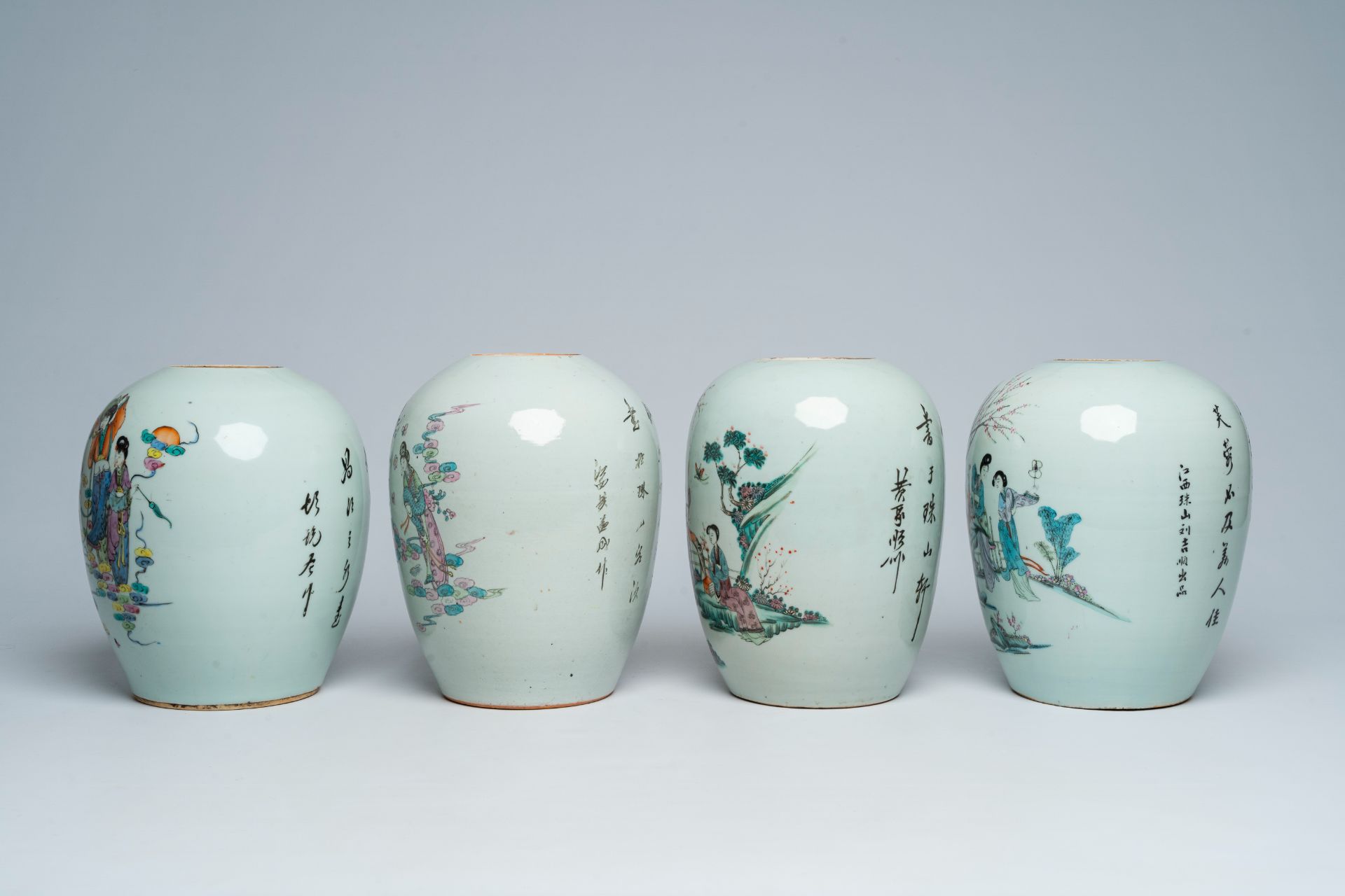 Four Chinese famille rose ginger jars with ladies, 19th/20th C. - Image 3 of 7