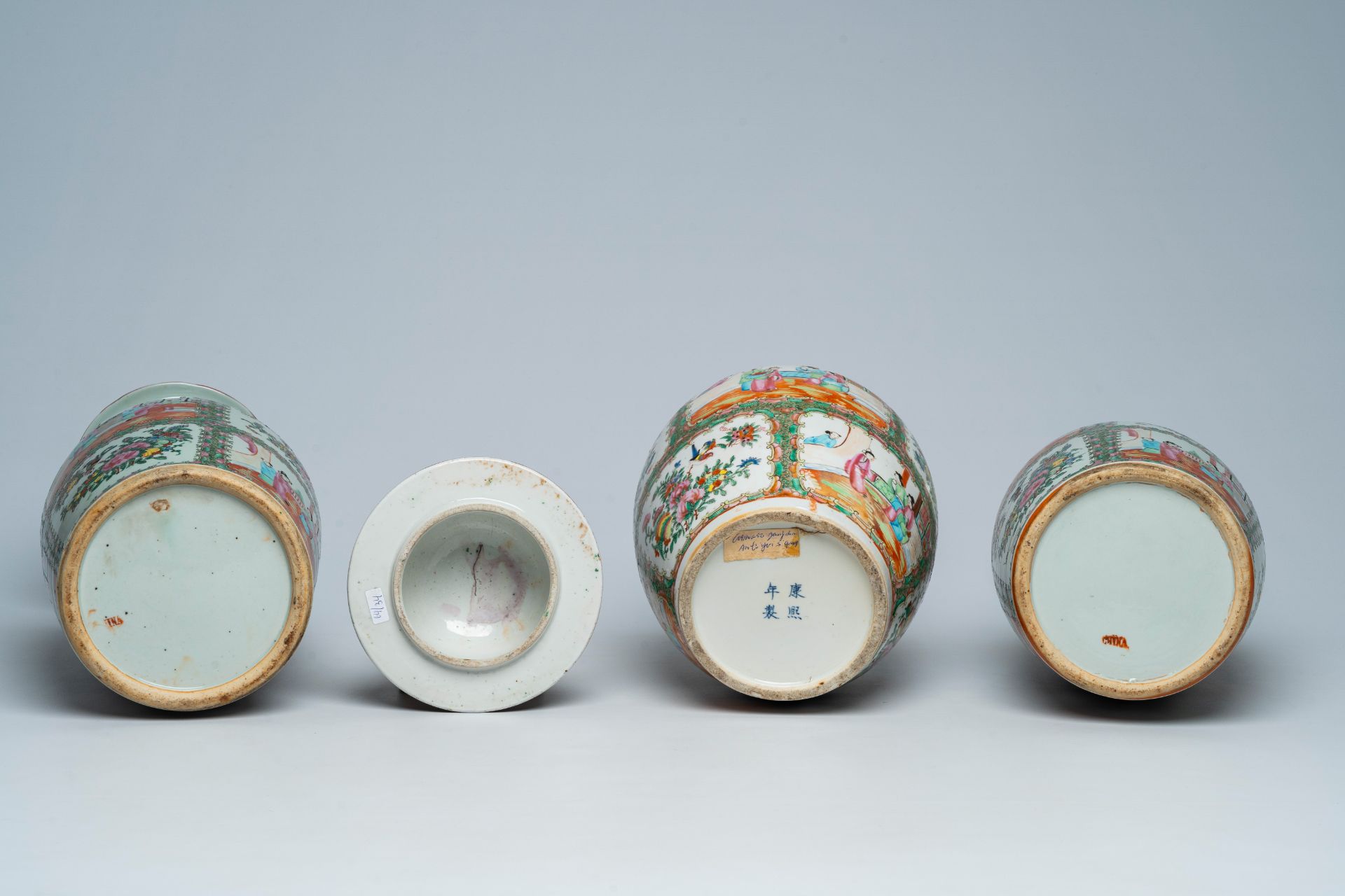 Three Chinese Canton famille rose vases with palace scenes and floral design, 19th C. - Image 6 of 6