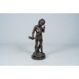 Auguste Moreau (1834-1917): 'Charmeur', brown patinated bronze on a black marble base, 20th C.