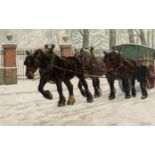 Constant De Busschere (1876-1951): Horses in a snowy landscape, oil on canvas