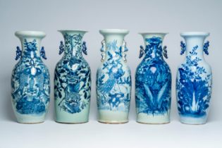 Five Chinese blue, white and celadon ground vases with animals and floral design, 19th C.