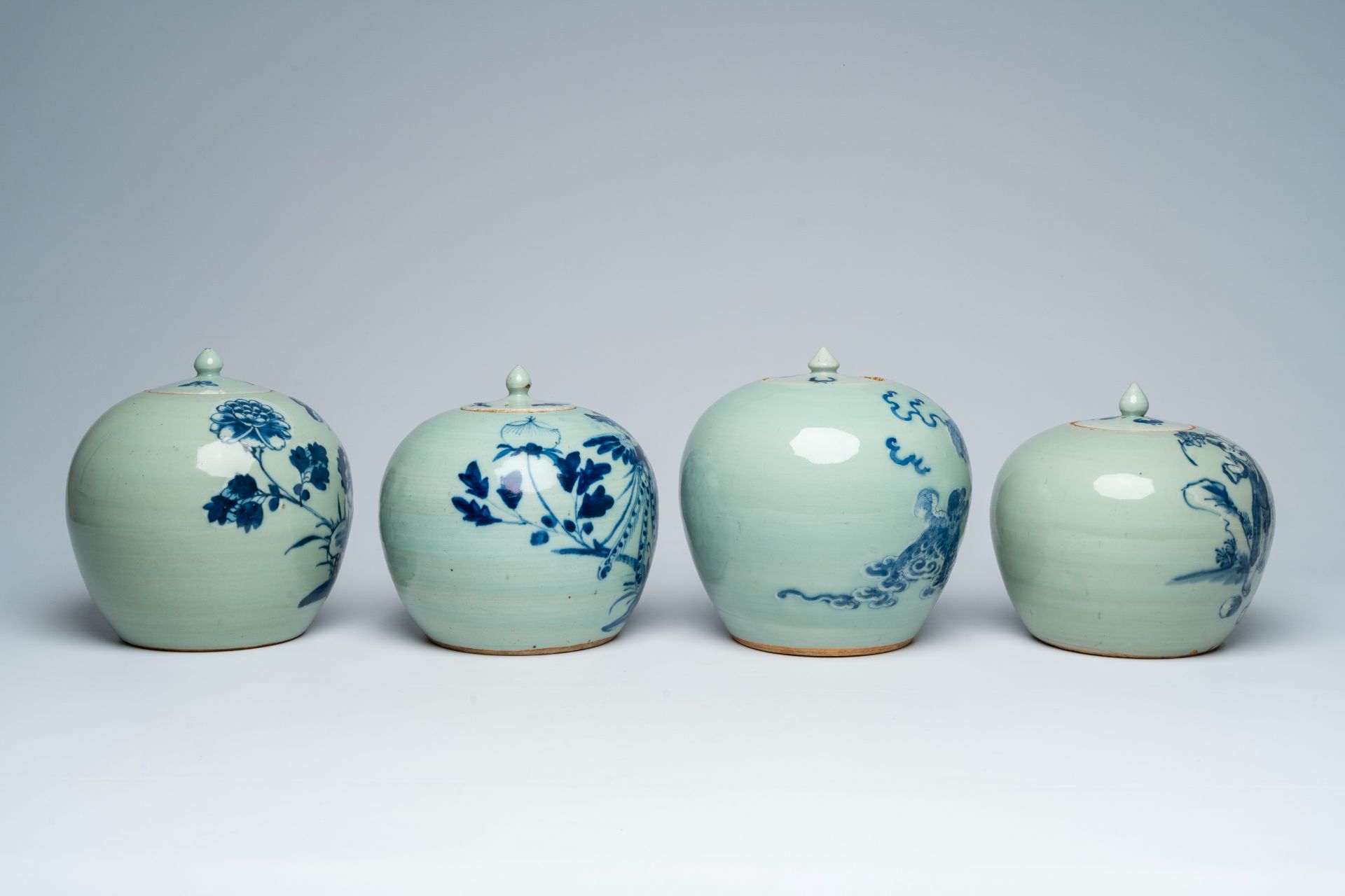 Four various Chinese blue and white celadon ground jars and covers, 19th C. - Image 5 of 9