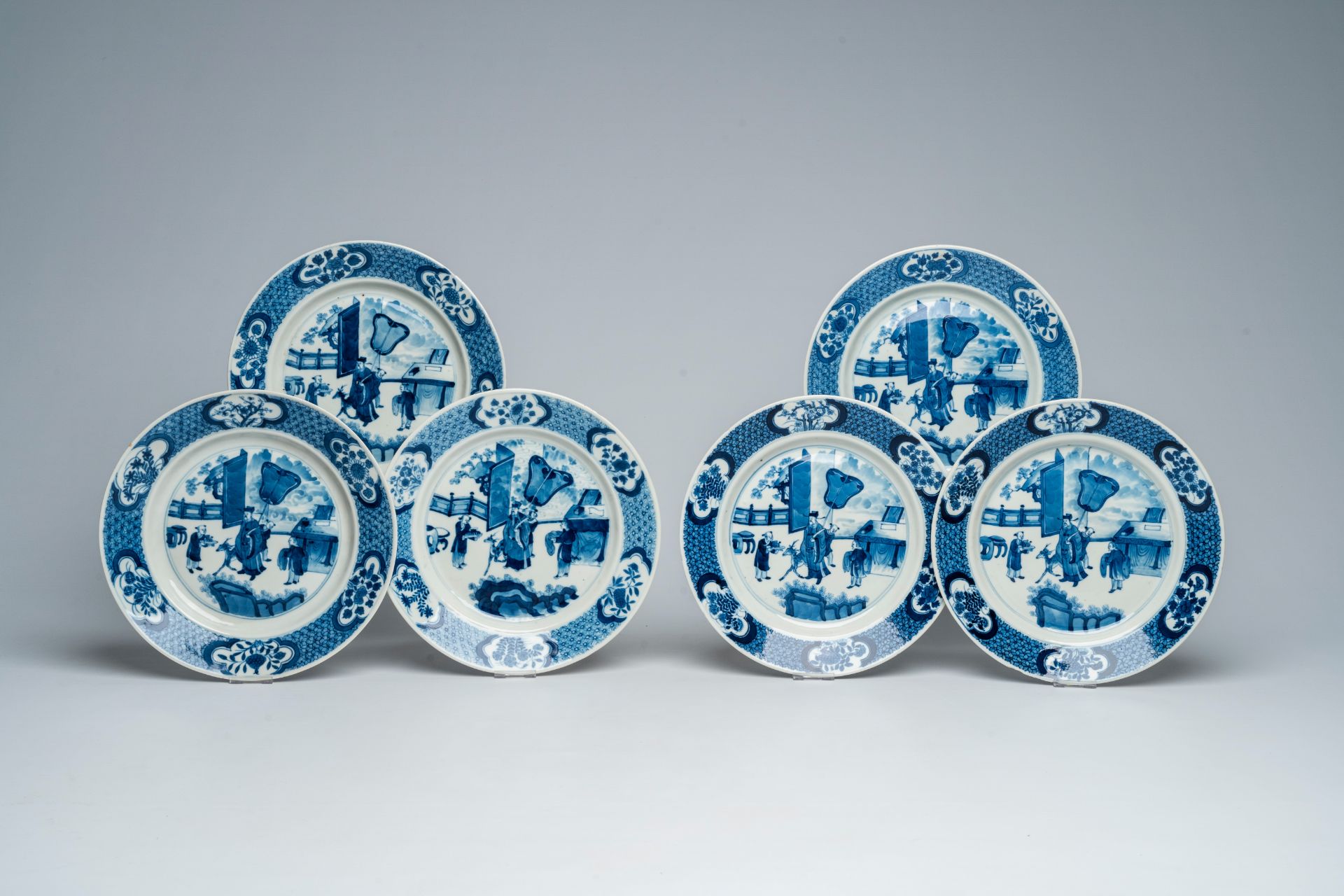 Six Chinese blue and white plates with figures in a palace garden, Chenghua mark, 19th C.