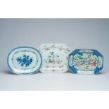 Three various Chinese famille rose and blue and white chargers, Qianlong