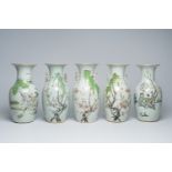 Five Chinese qianjiang cai vases with figures in a landscape and birds among blossoming branches, 19