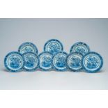 Nine Chinese blue and white plates with an incense burner in a landscape, Qianlong