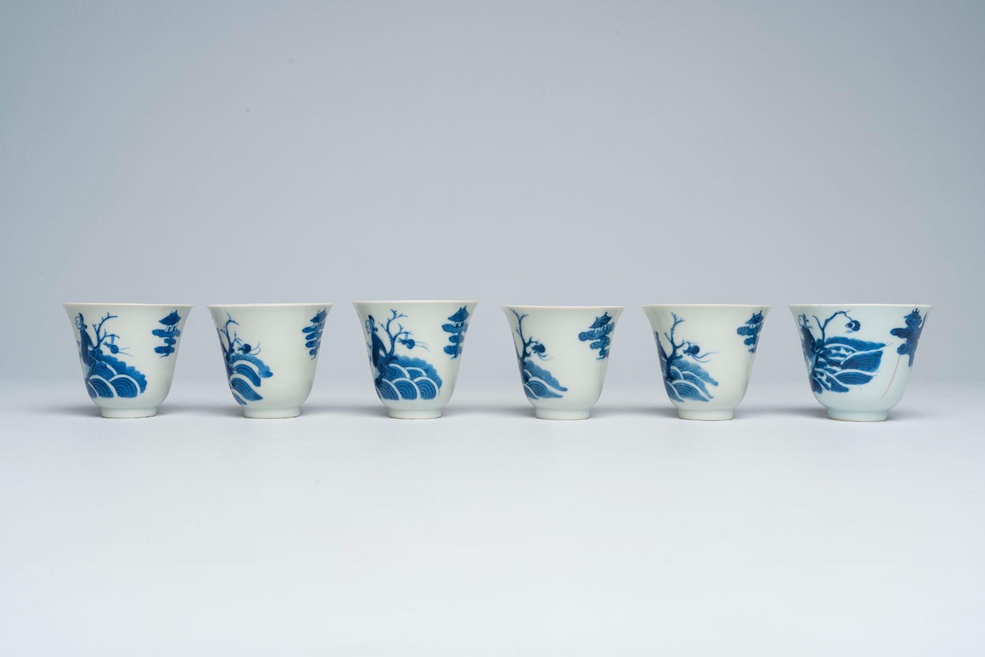 Six Chinese blue and white cups and saucers with Immortals in a boat, Daoguang - Image 5 of 9