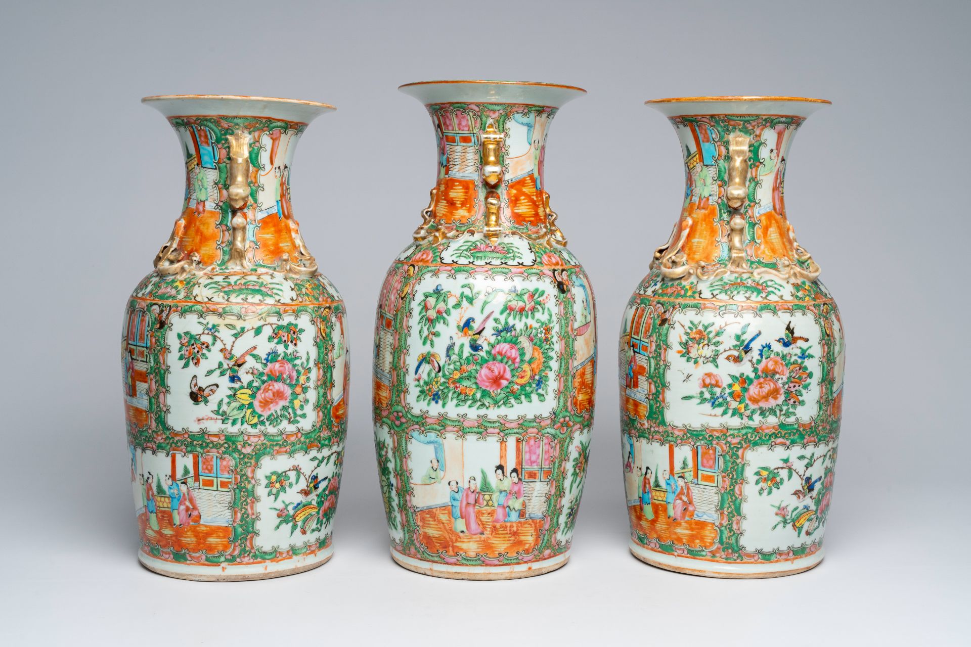 Three Chinese Canton famille rose vases with palace scenes and floral design, ca. 1900 - Image 4 of 6