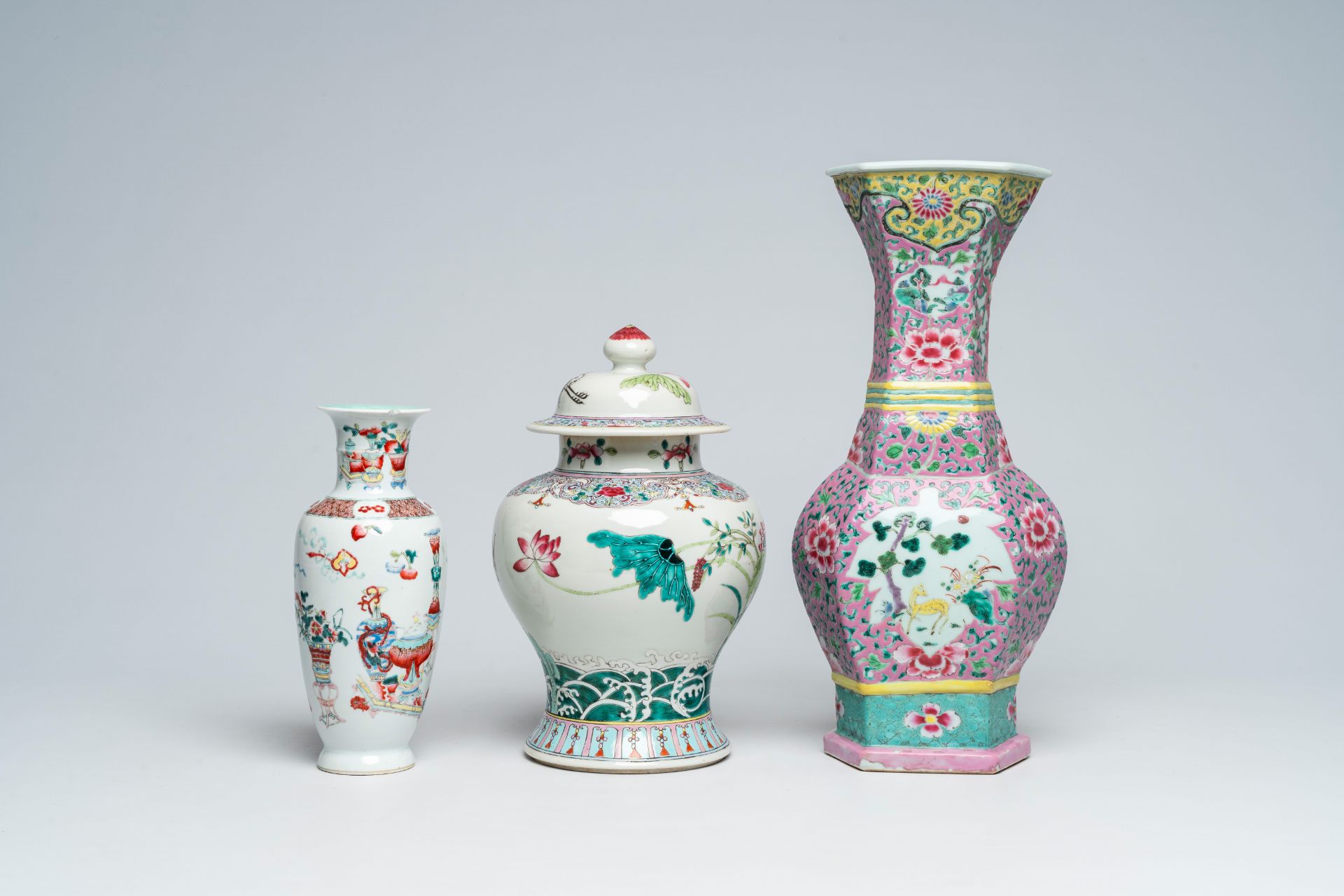 Three Chinese famille rose vases with floral design, 19th C. - Image 4 of 7