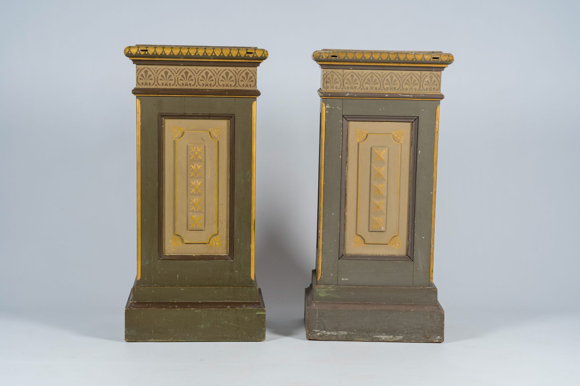 A pair of Flemish or French Gothic revival polychrome painted and gilt wood pedestals, first quarter - Image 2 of 8