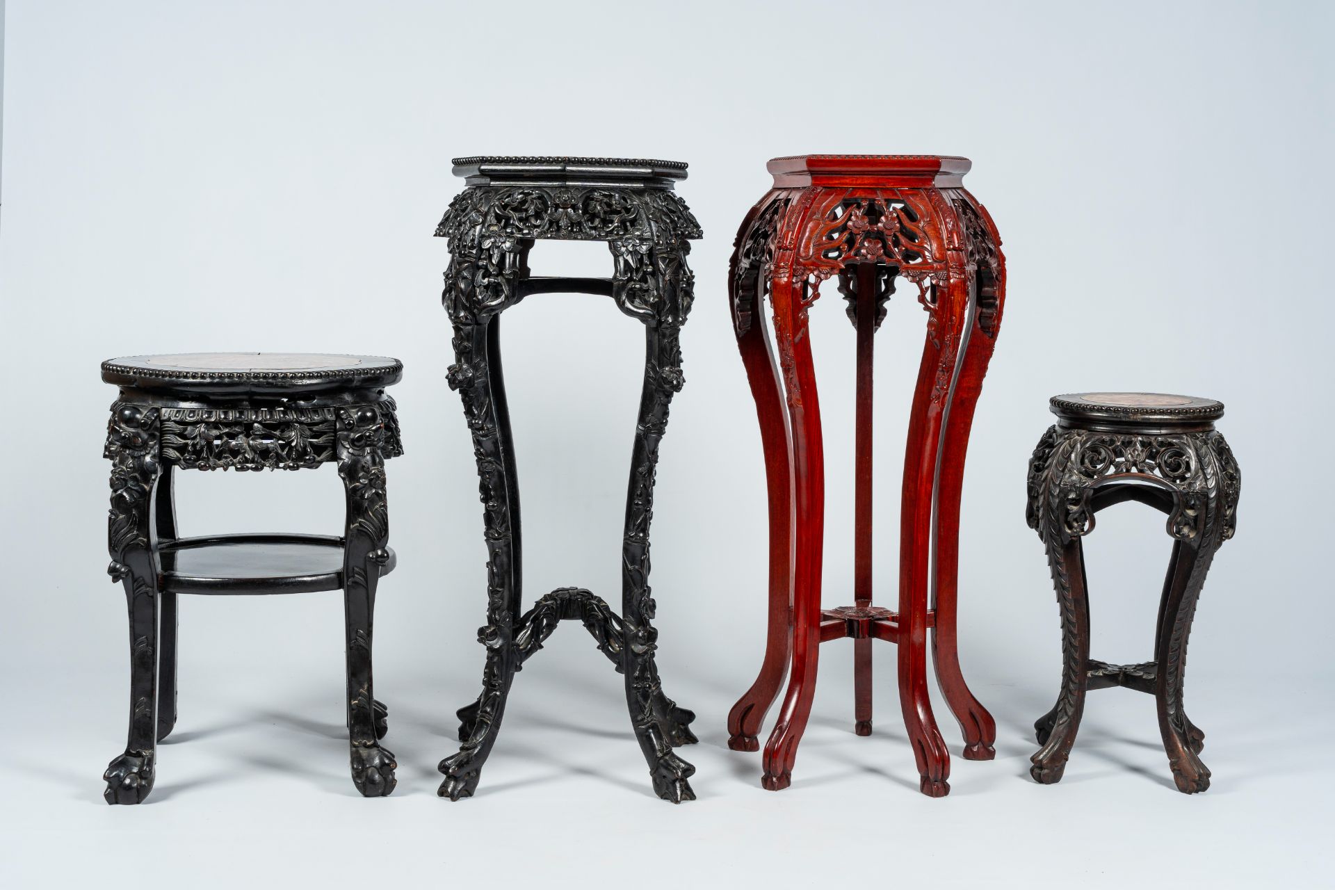Four Chinese open worked carved wood stands with marble top, 19th/20th C. - Image 2 of 7