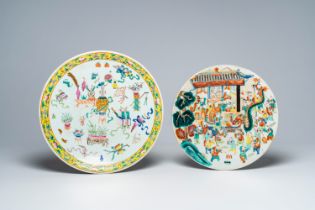 Two Chinese famille rose 'antiquities' and '100 boys' chargers, 19th C.