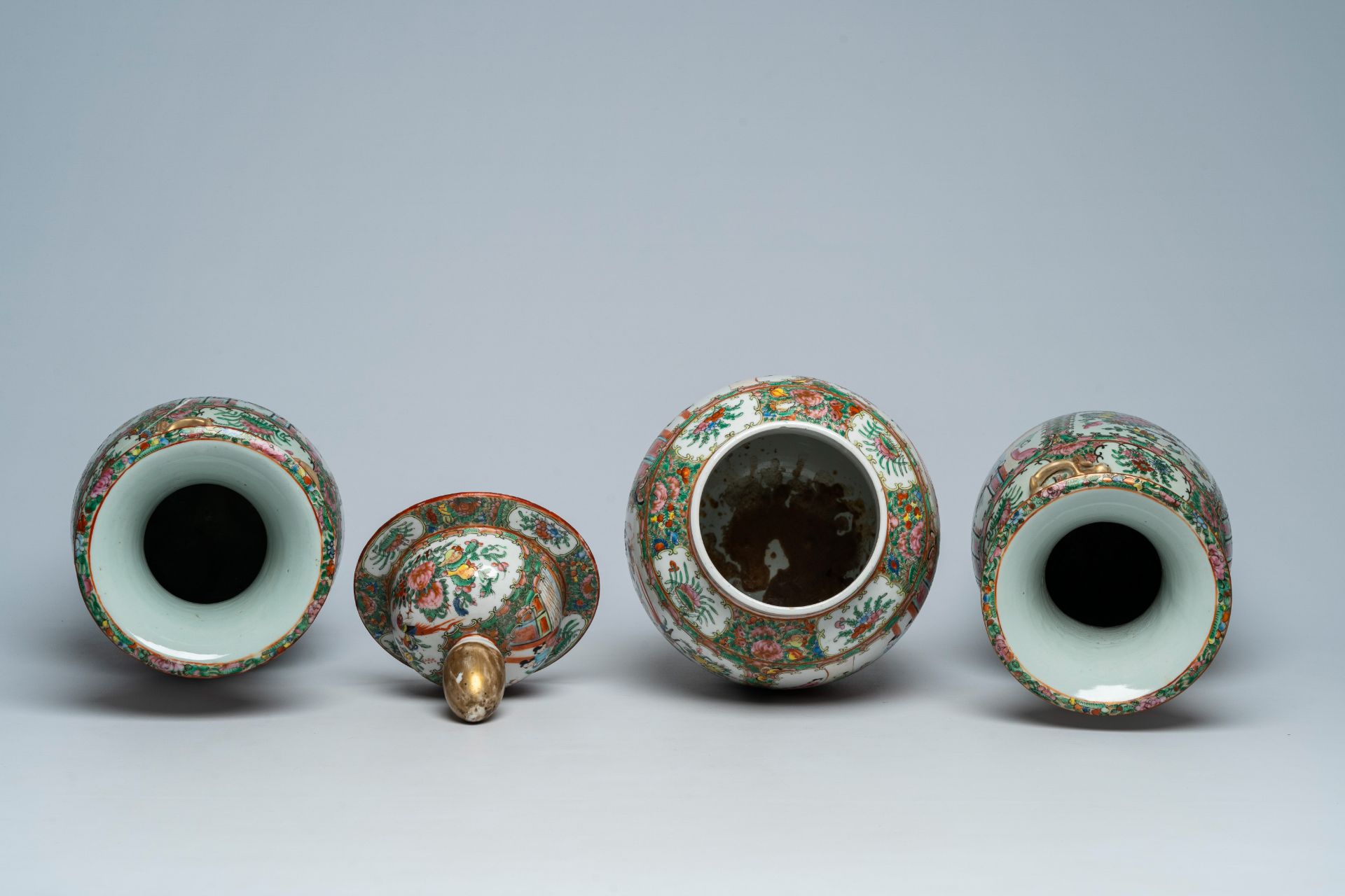 Three Chinese Canton famille rose vases with palace scenes and floral design, 19th C. - Image 5 of 6