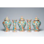 A French Samson famille verte style five-piece vase garniture with phoenixes among blossoming branch