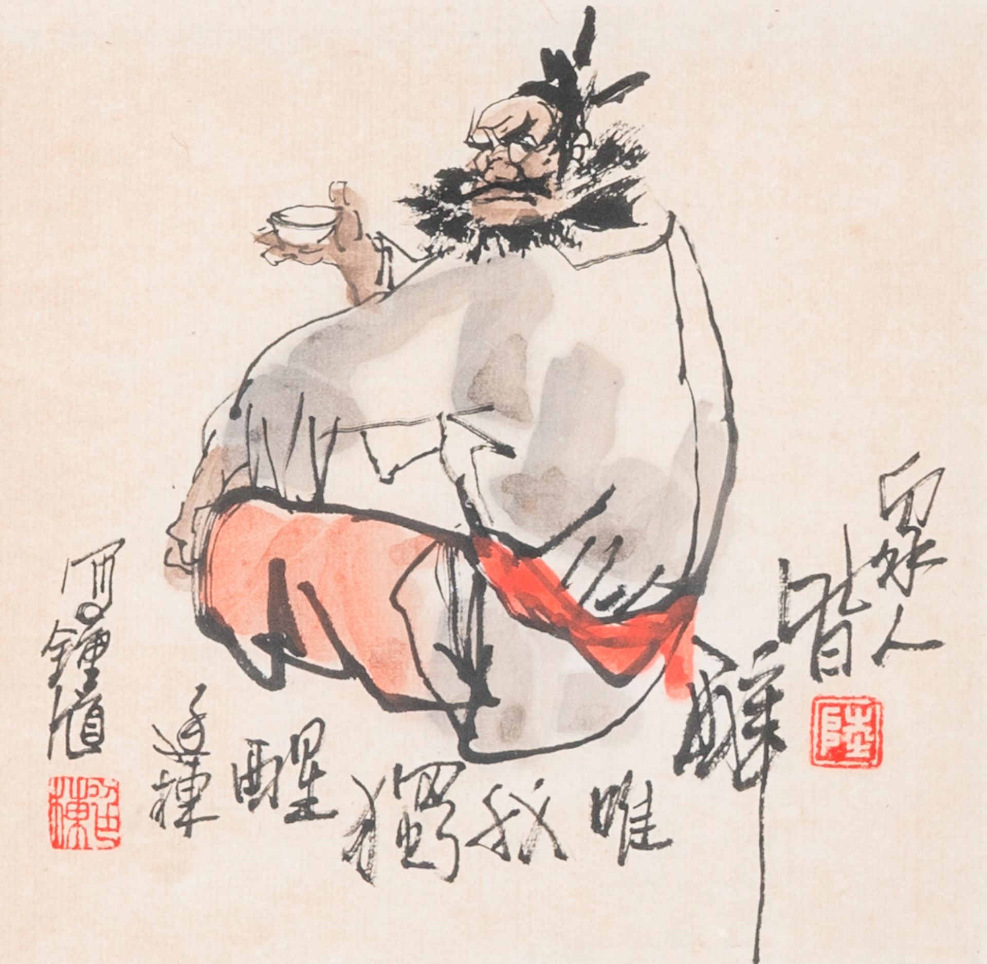 Lu Yandong (20th C.): Three 'Zhong Kui' paintings, ink and colours on paper - Image 3 of 6