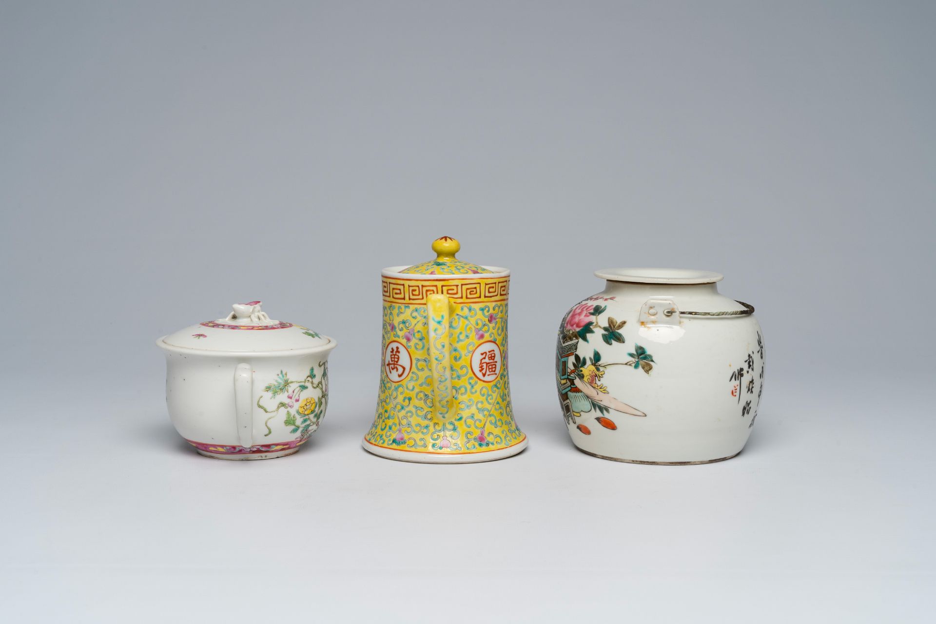 Three various Chinese famille rose and qianjiang cai teapots and covers, 19th/20th C. - Image 4 of 8