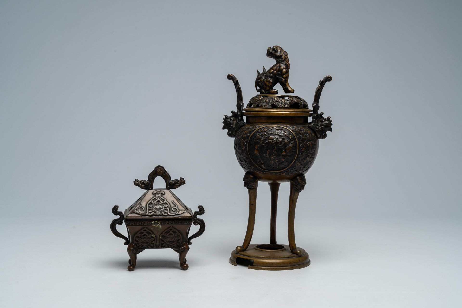 Two Japanese bronze incense burners with relief design, Meiji, 19th C. - Image 4 of 7