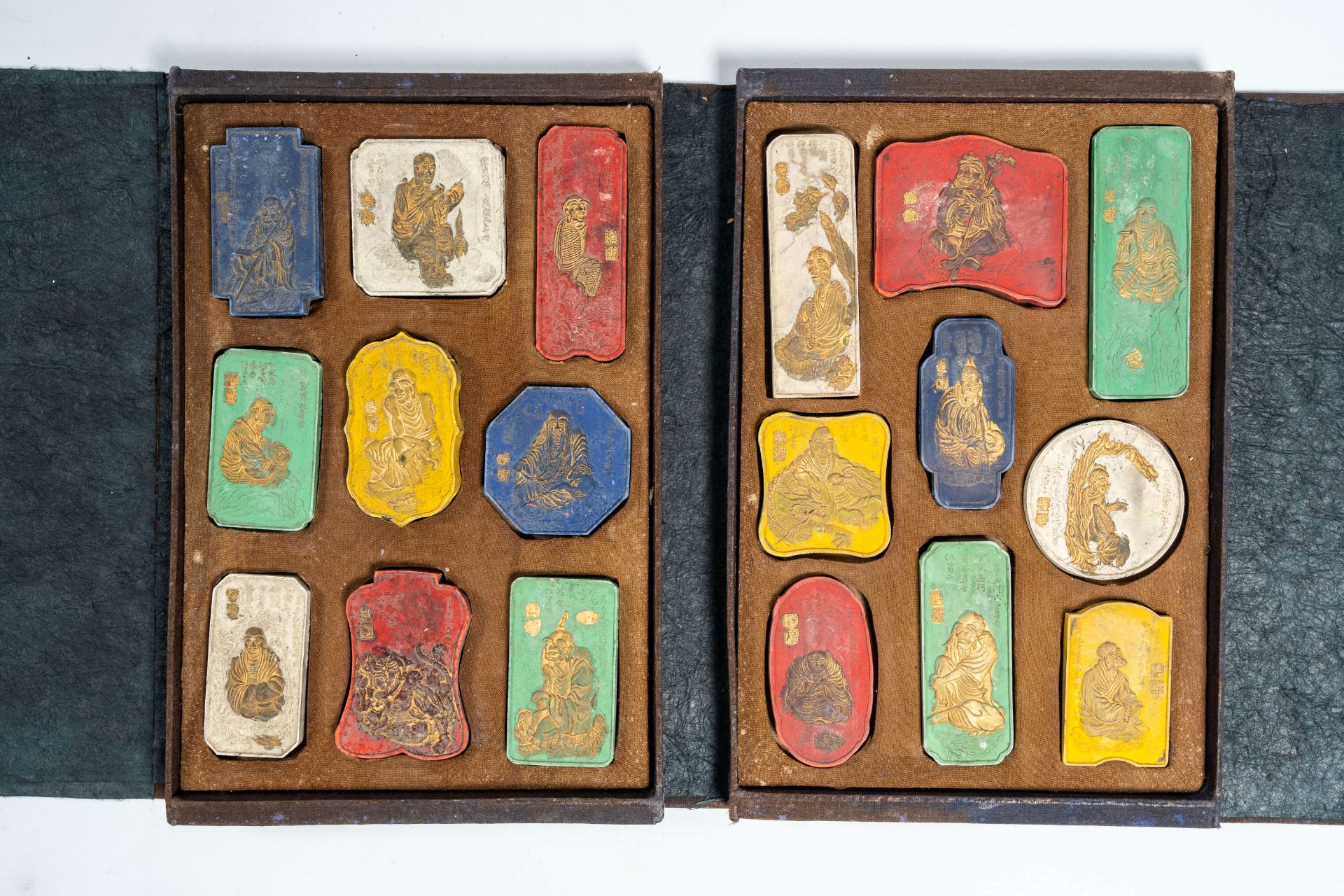 Two Chinese boxes with inkstones, a tea block, a printing plate and a type case, 20th C. - Image 3 of 12