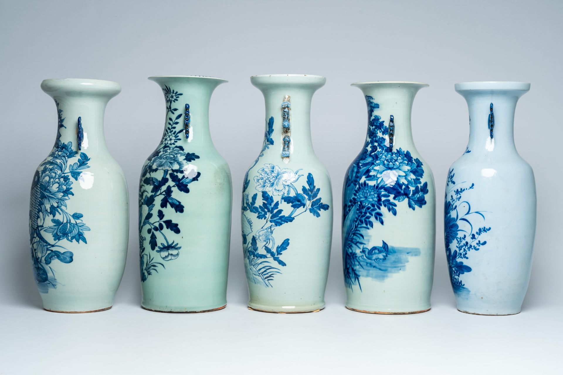 Five Chinese blue, white and celadon ground vases with animals and floral design, 19th C. - Image 2 of 6