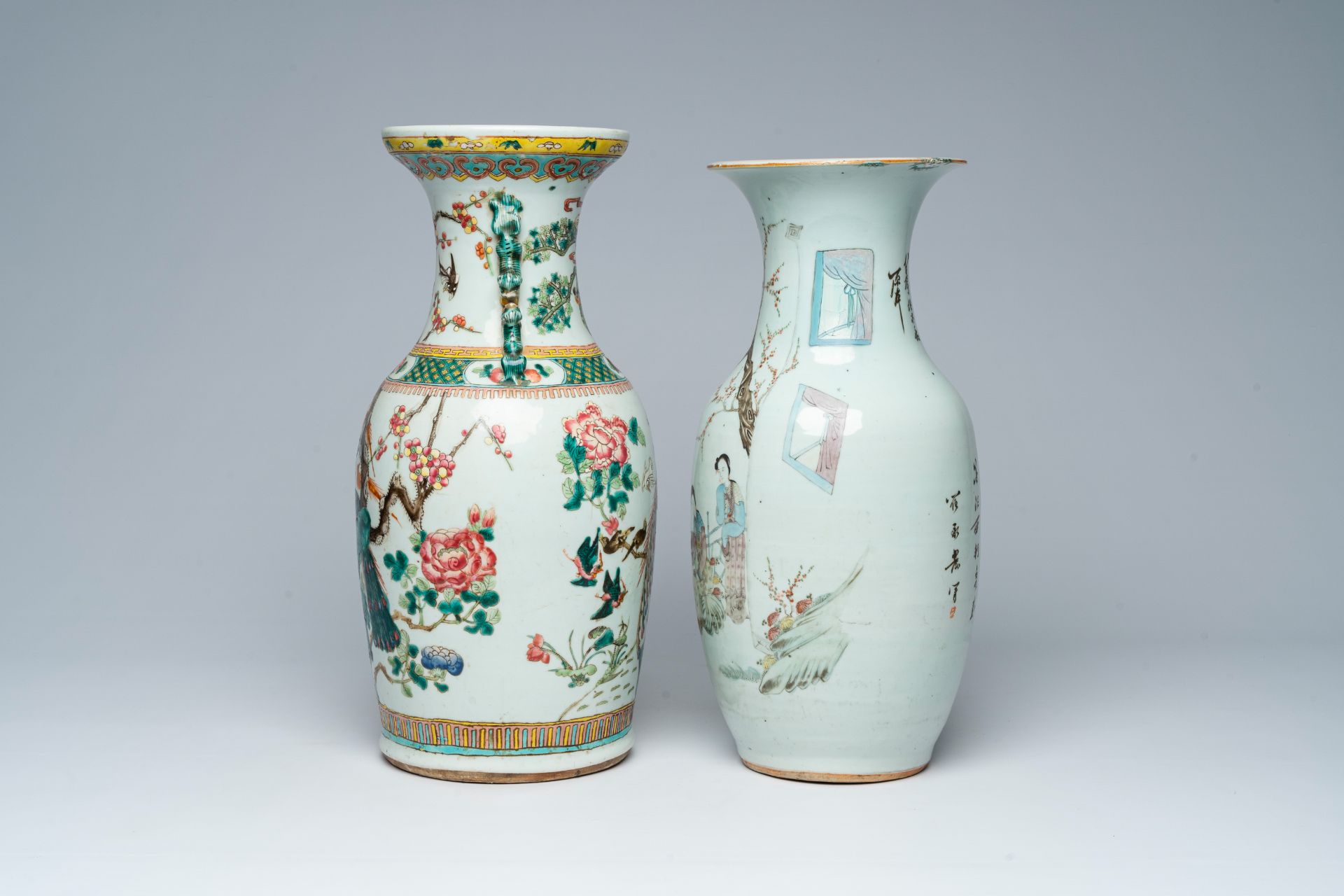 Two Chinese famille rose and qianjiang cai vases with birds among blossoming branches and ladies in - Image 3 of 7