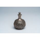 A Chinese spherical silver bottle with relief design of scholars in a landscape, KFC mark, first hal