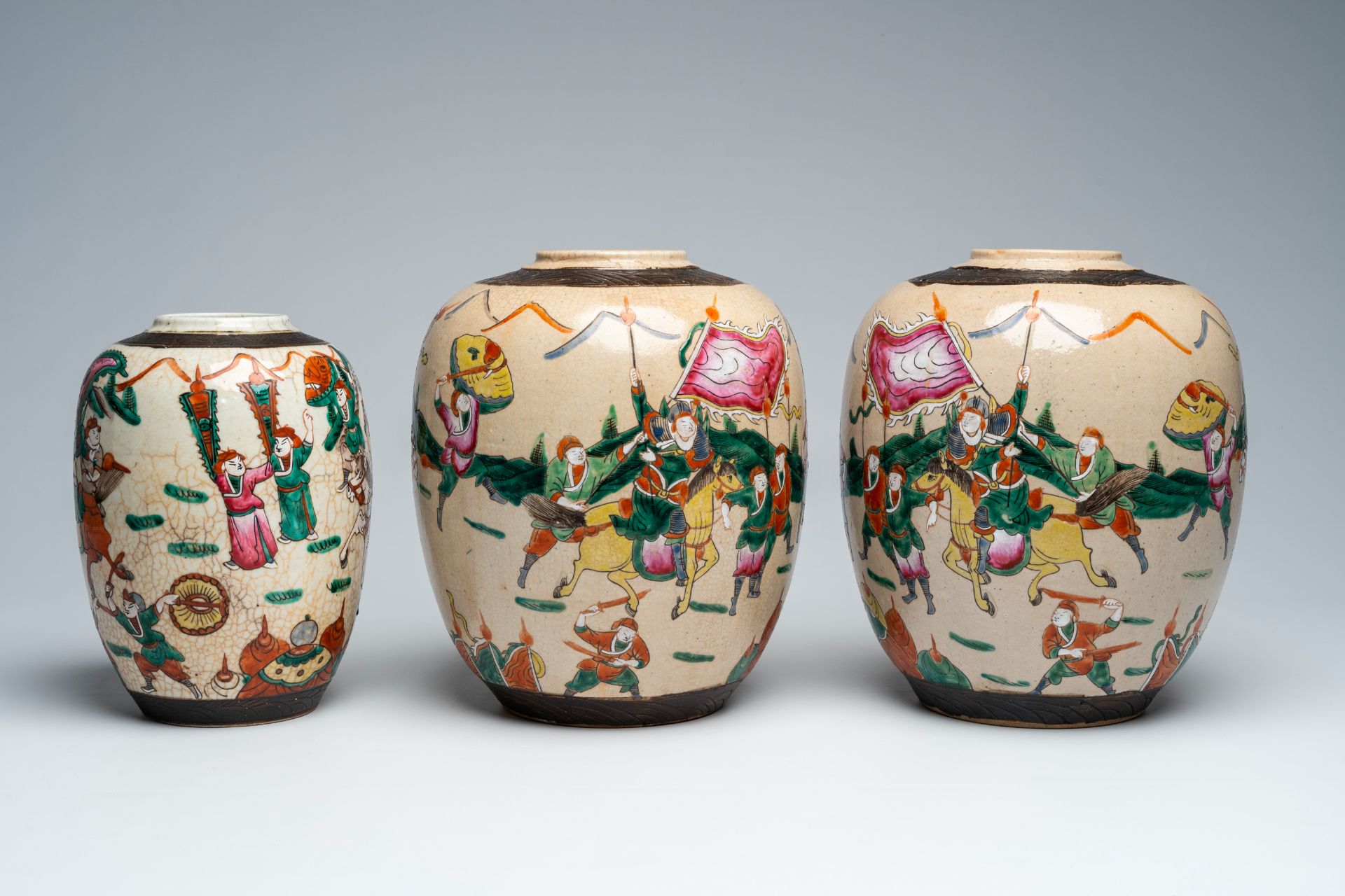 Three Chinese Nanking crackle glazed famille rose 'warrior' ginger jars, 19th C. - Image 2 of 5
