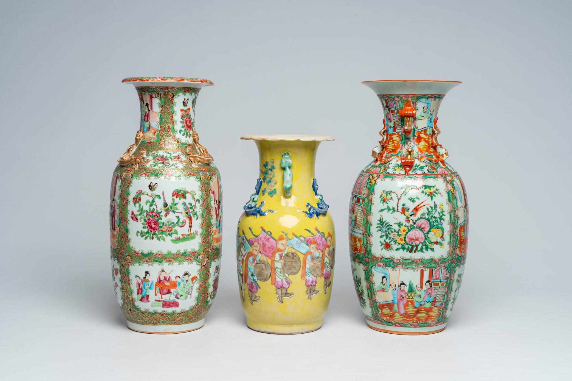 Three Chinese famille rose and Canton famille rose vases with figures, 19th C.