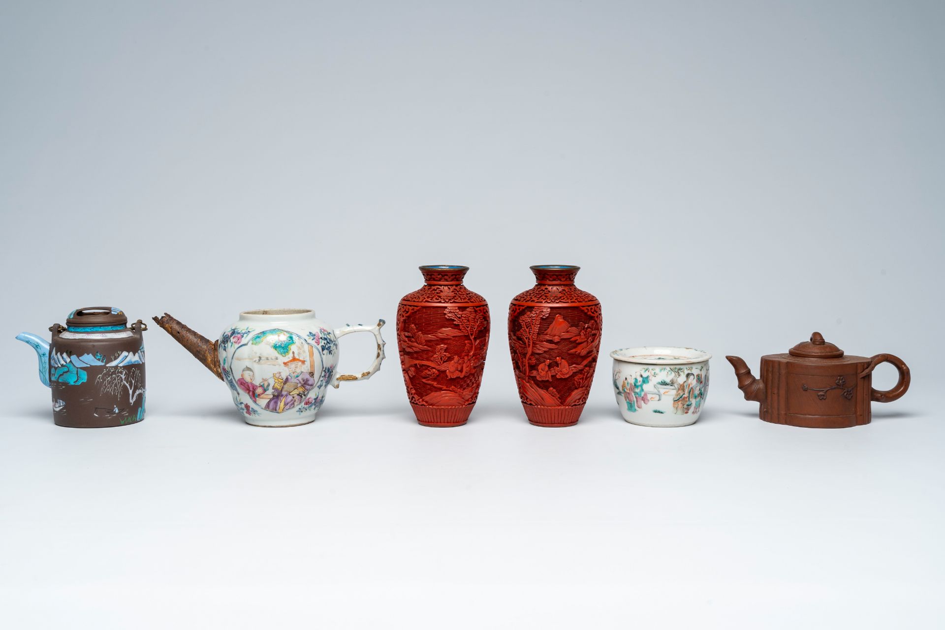 A varied collection of Chinese stoneware, lacquerware and famille rose and qianjiang cai porcelain, - Image 2 of 8