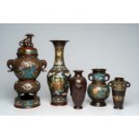 Four Japanese bronze and champlevÃ© vases and a champlevÃ© 'warriors' incense burner, Meiji, 19th/20