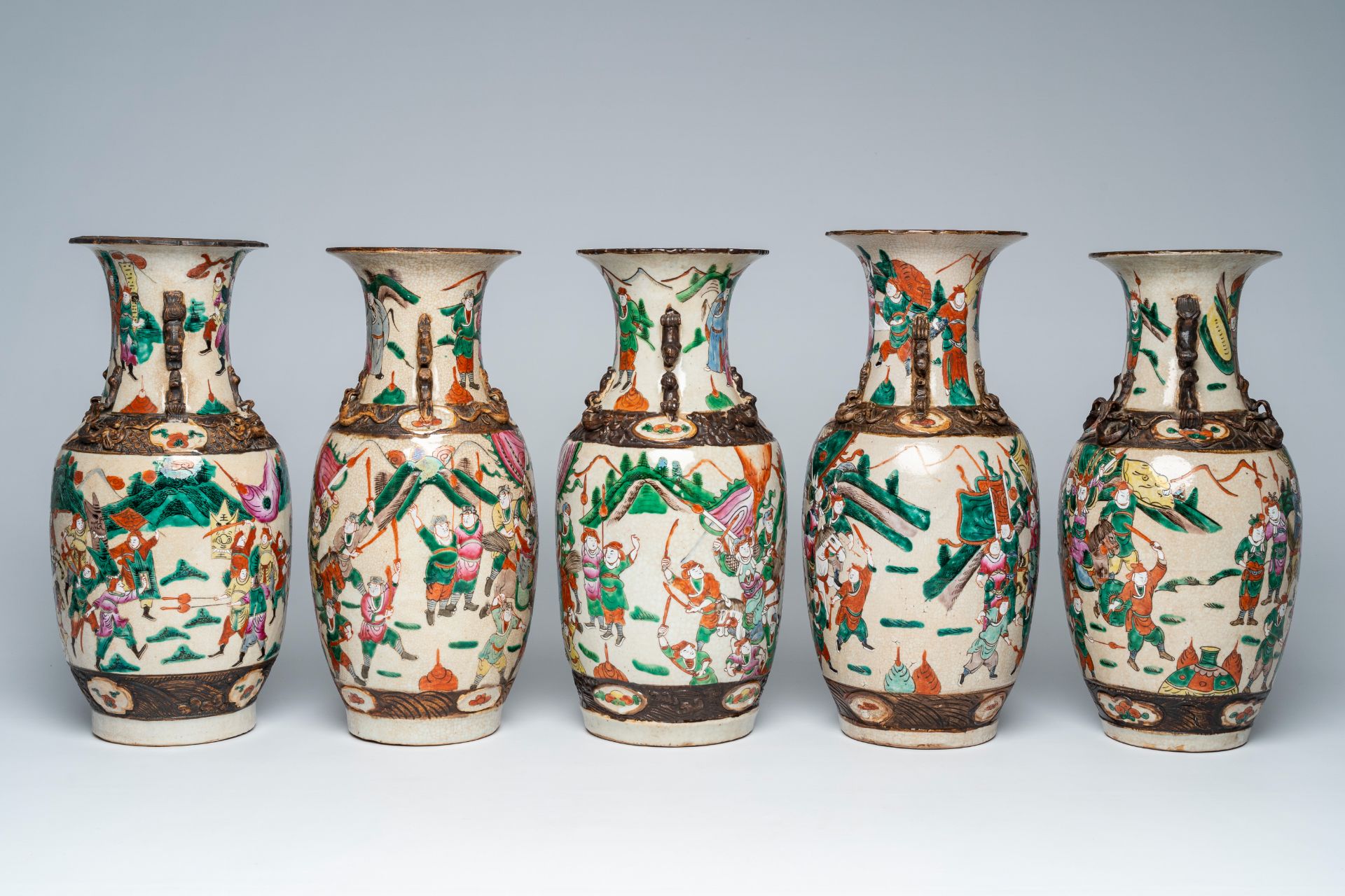 Five Chinese Nanking crackle glazed famille rose 'warrior' vases, 19th/20th C. - Image 2 of 5