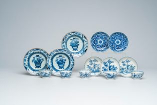 A varied collection of Chinese blue and white cups and saucers, 18th/19th C.