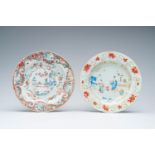 Two Chinese famille rose plates with figures in a landscape, Qianlong