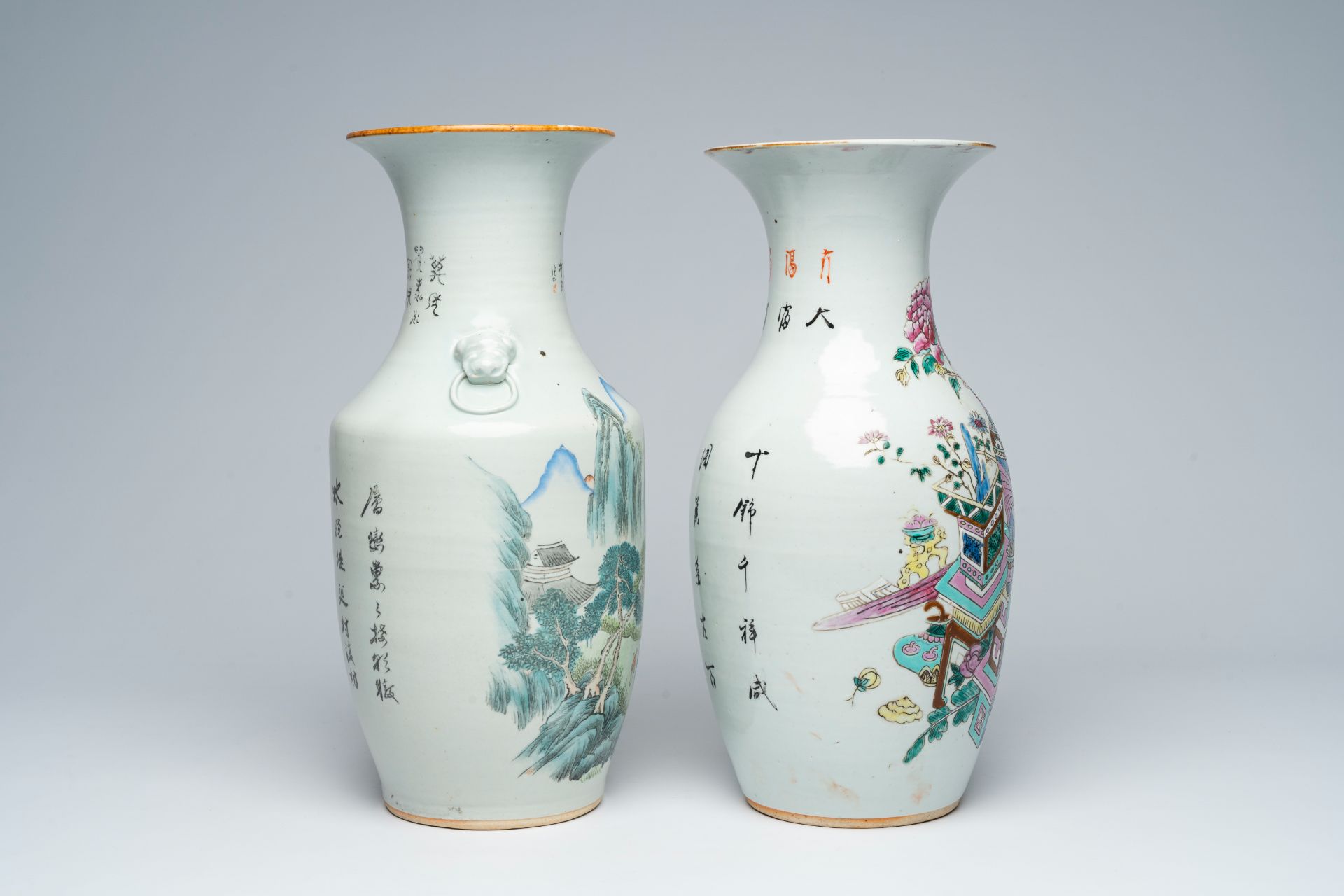 Two Chinese famille rose and qianjiang cai vases with antiquities and an animated landscape, 19th/20 - Image 3 of 5