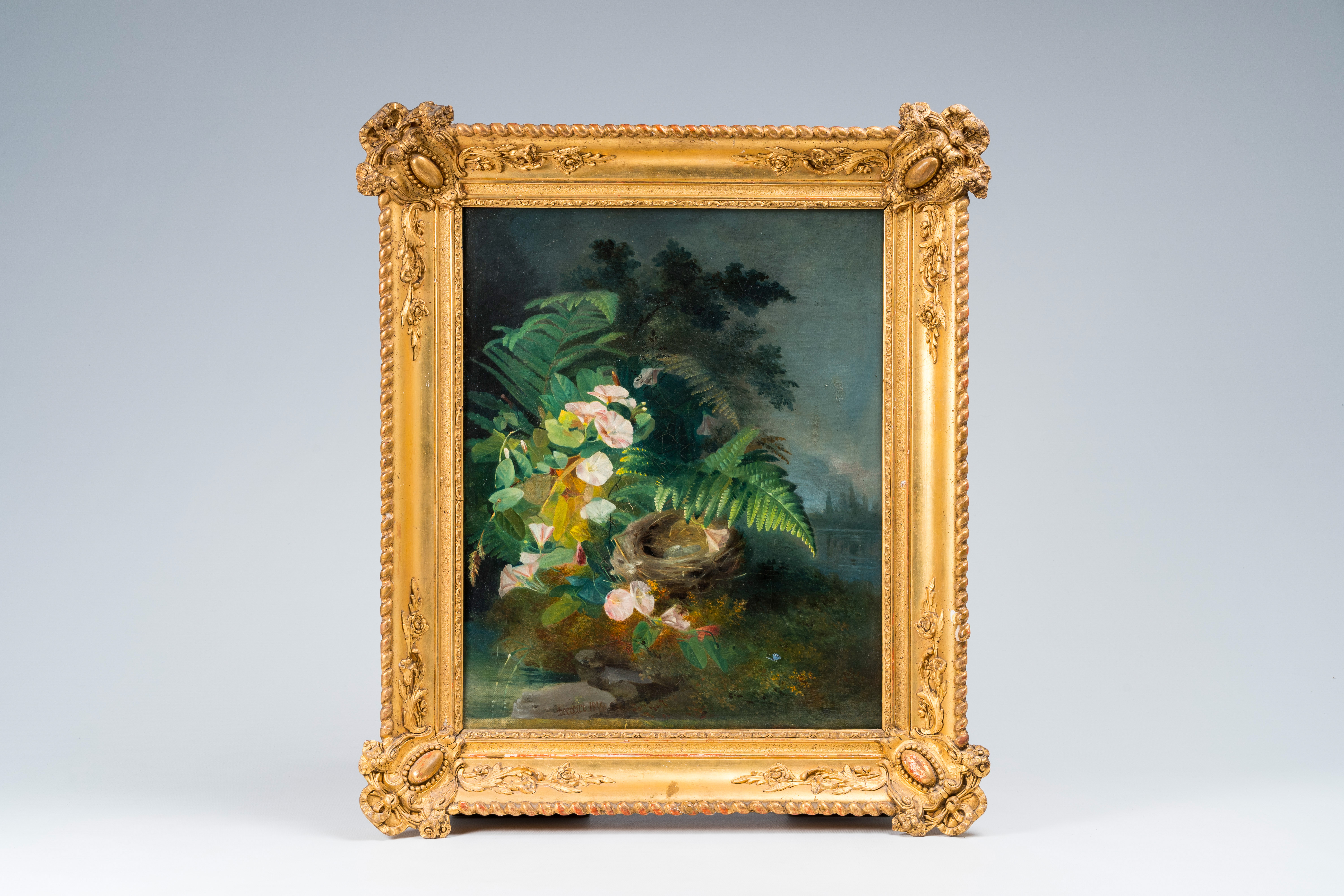 French school, illegibly signed: Flower still life with nest, oil on canvas, dated 1855 - Image 2 of 4