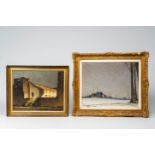 Piet Lippens (1890-1981): A cityscape and caravans in a snowy landscape, oil on canvas