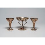An English Art Nouveau or Modern Style silver tazza with cabochon and two silver vases, Sheffield, d