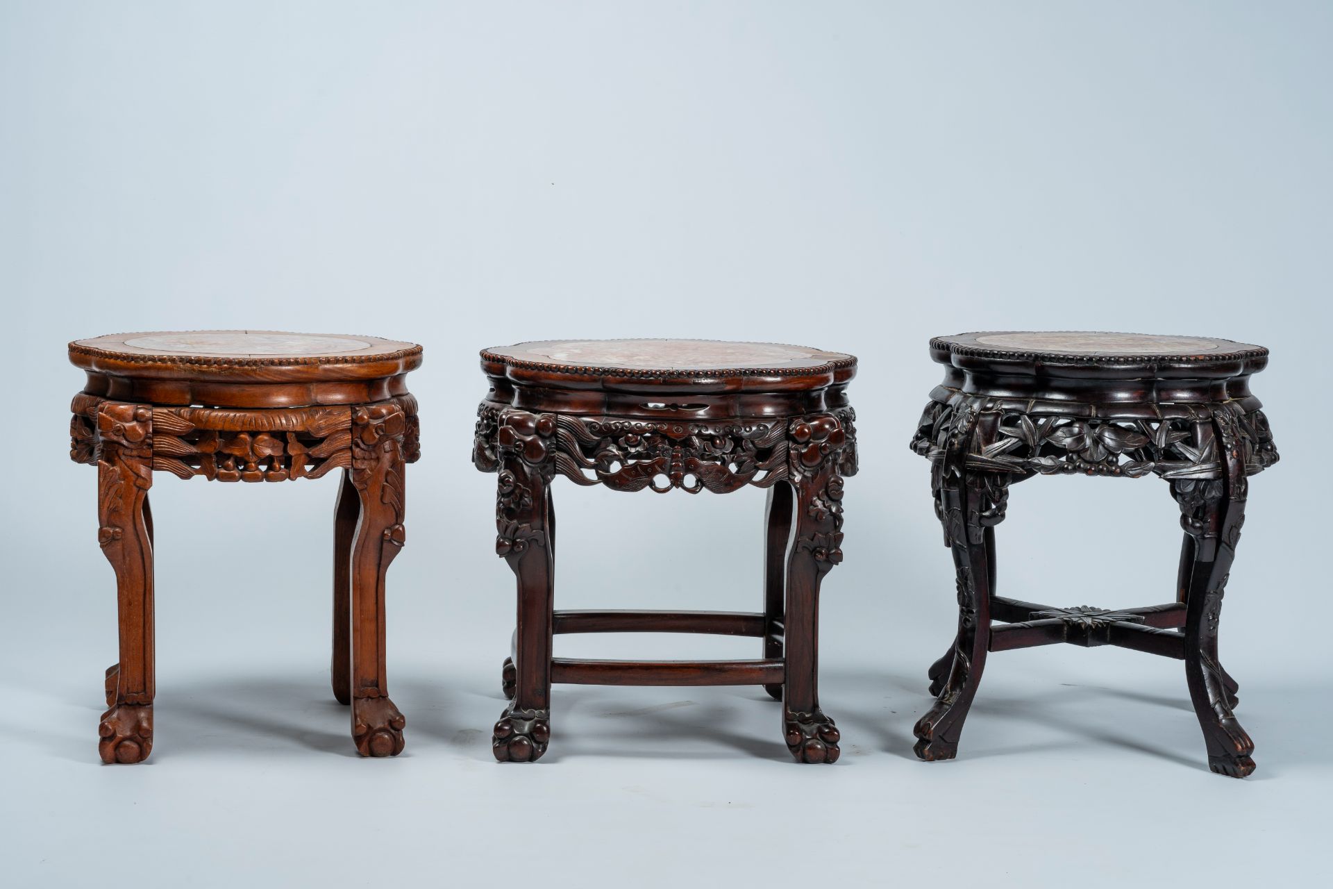 Three Chinese open worked lobed carved wood stands with marble top, 19th/20th C. - Image 3 of 8