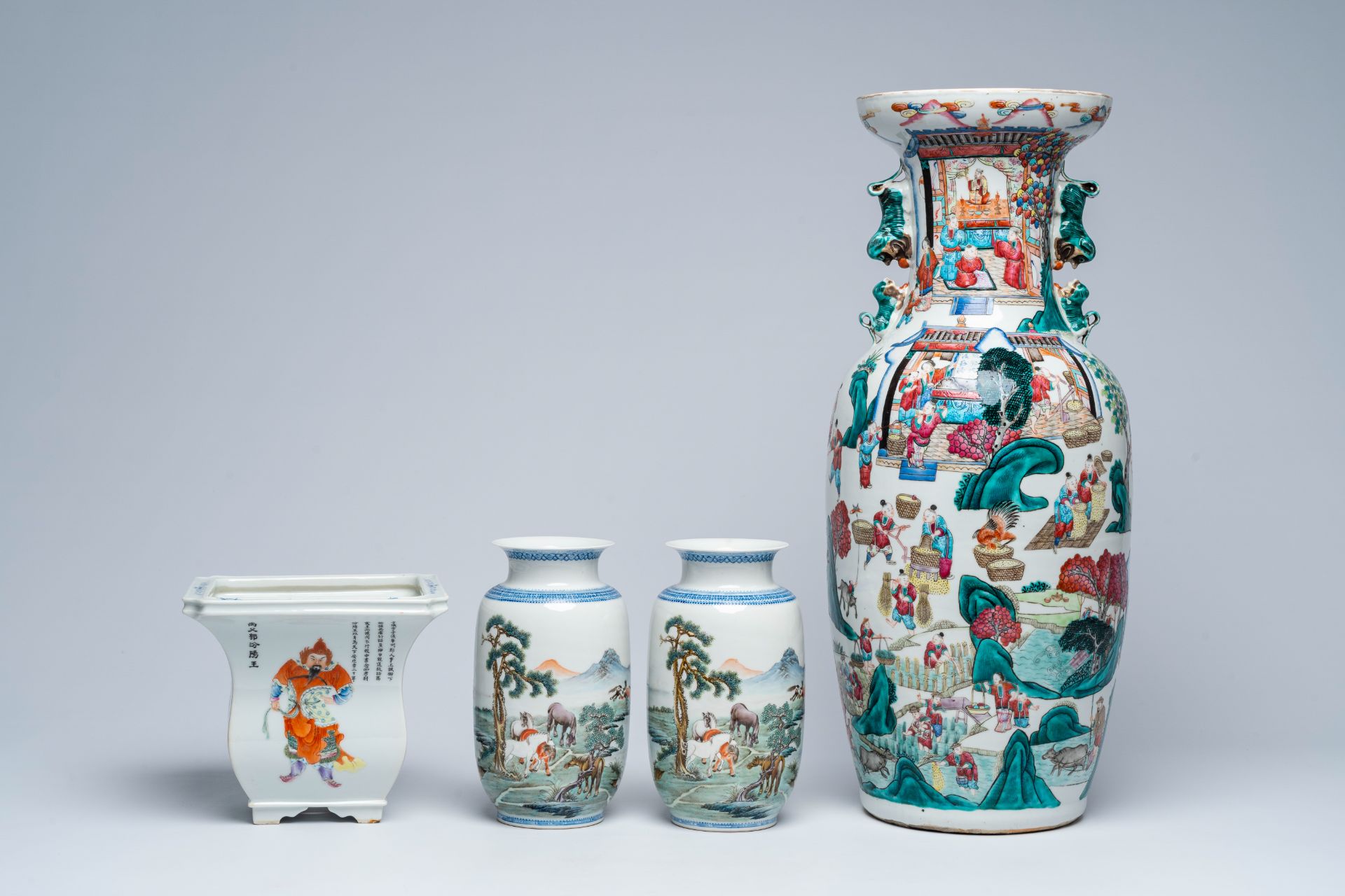 A Chinese famille rose 'rice production' vase, a pair of 'Eight Horses of Wang Mu' vases and a Wu Sh - Image 2 of 7