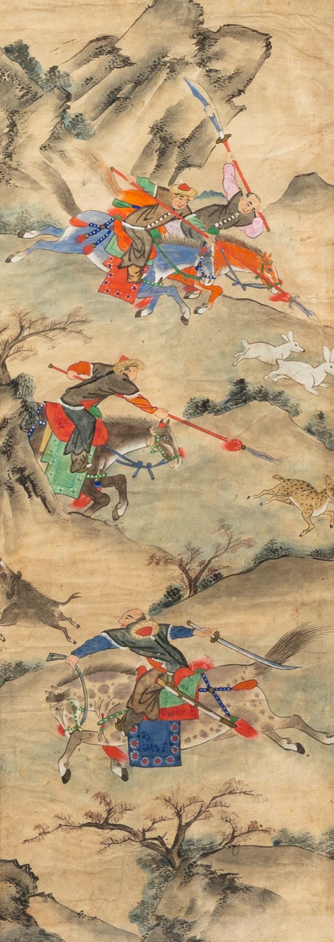 Chinese school: Five paintings with hunting scenes, ink and colours on paper, 19th C. - Image 3 of 7