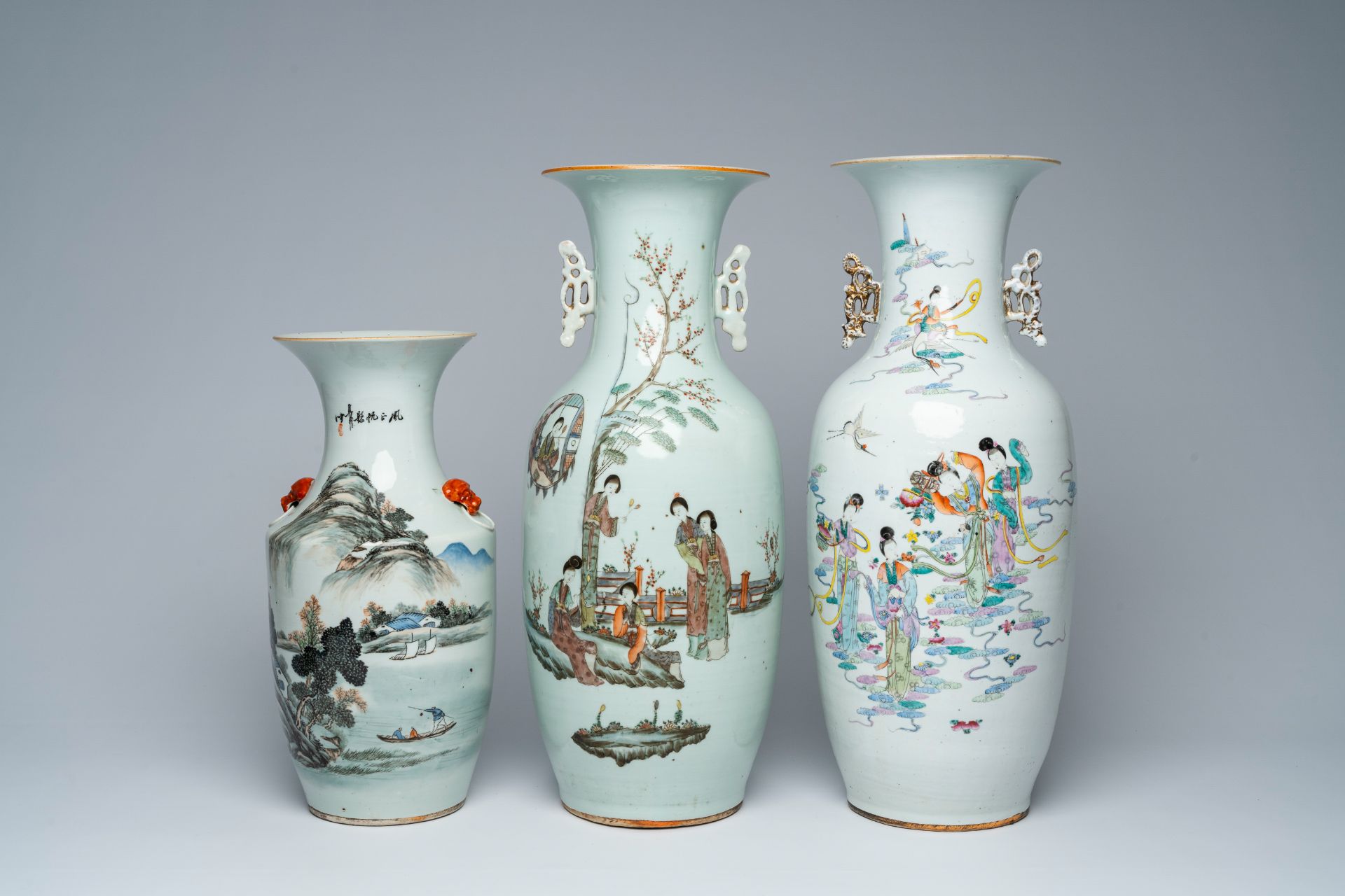 Three Chinese famille rose and qianjiang cai vases with ladies and a landscape, 19th/20th C. - Image 2 of 9