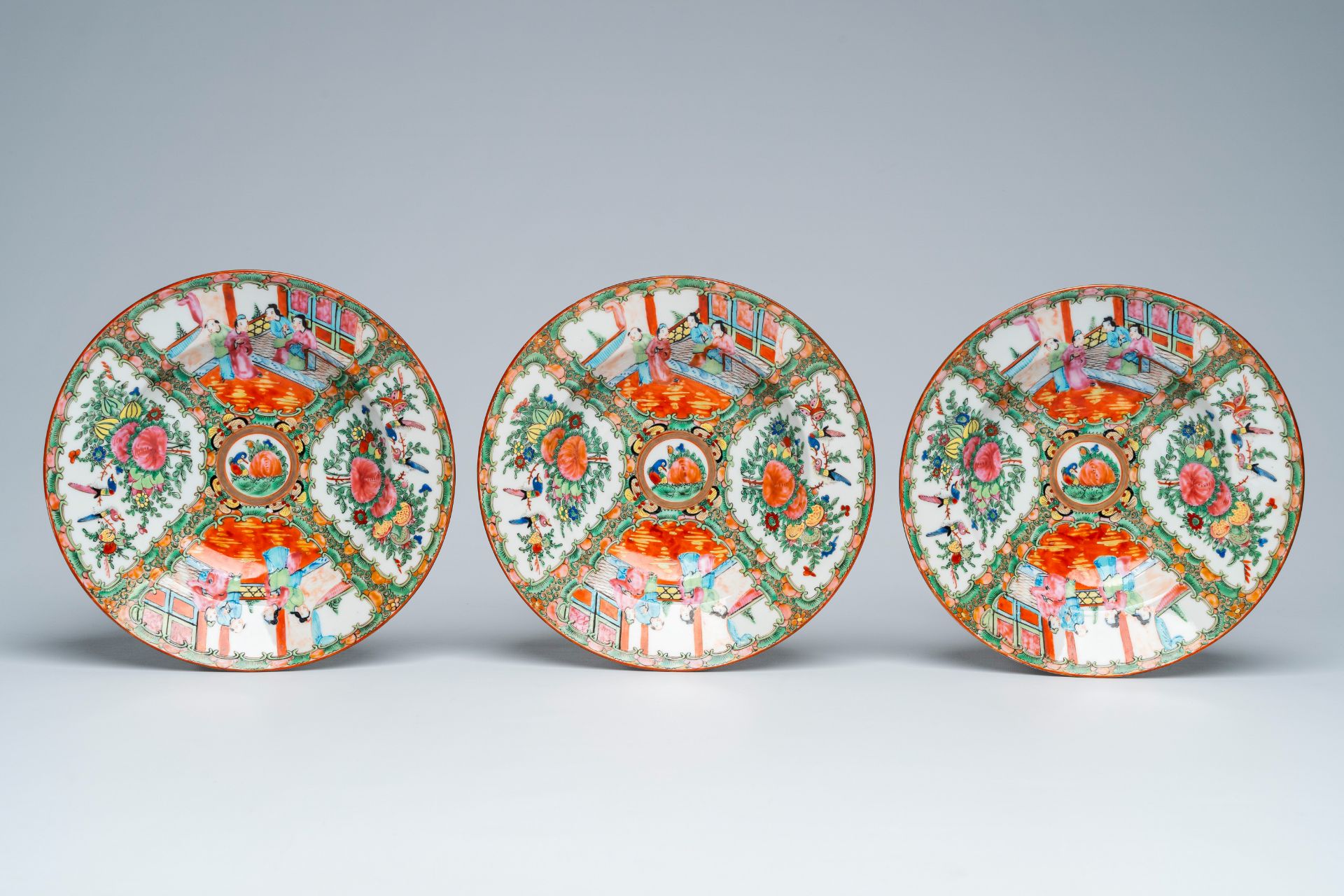 A large collection of Chinese Canton famille rose porcelain with palace scenes and floral design, ca - Image 4 of 19