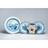 Three Chinese blue and white plates and chargers and a verte-Imari plate with floral design, Kangxi/