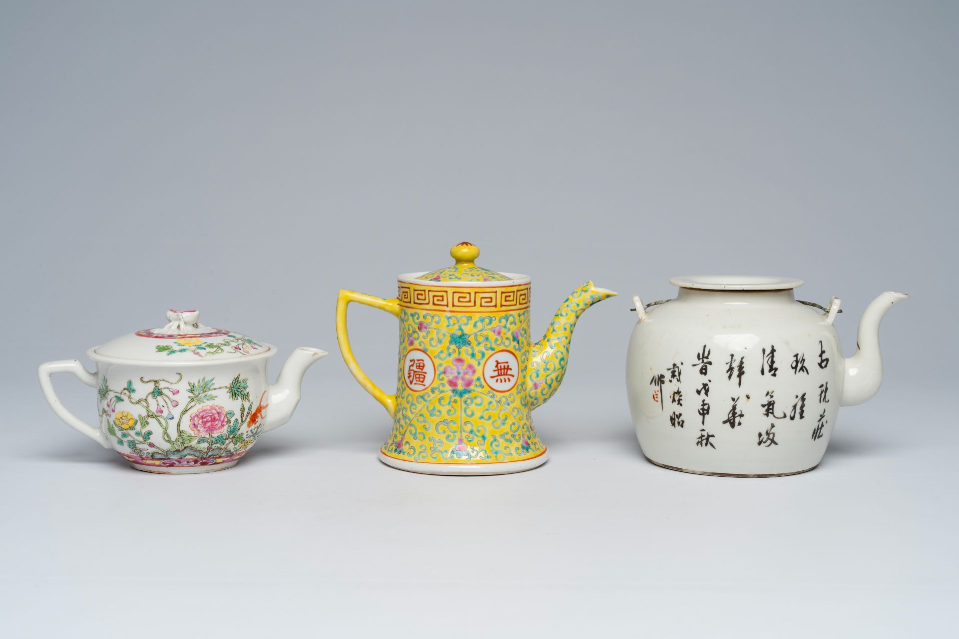 Three various Chinese famille rose and qianjiang cai teapots and covers, 19th/20th C. - Image 5 of 8