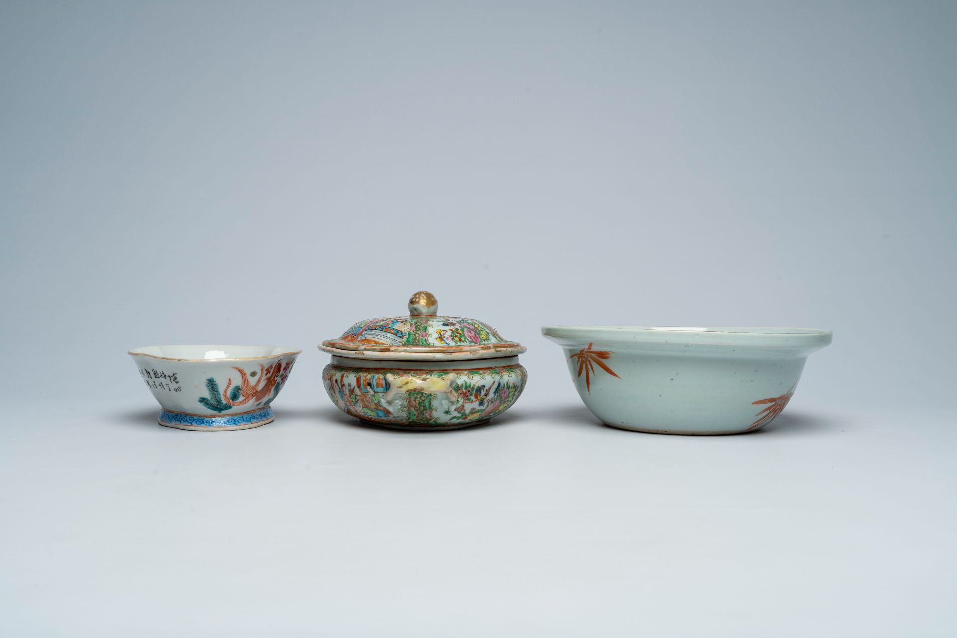 Three various Chinese famille rose bowls and a Canton tureen and cover with palace scenes and floral - Image 6 of 11