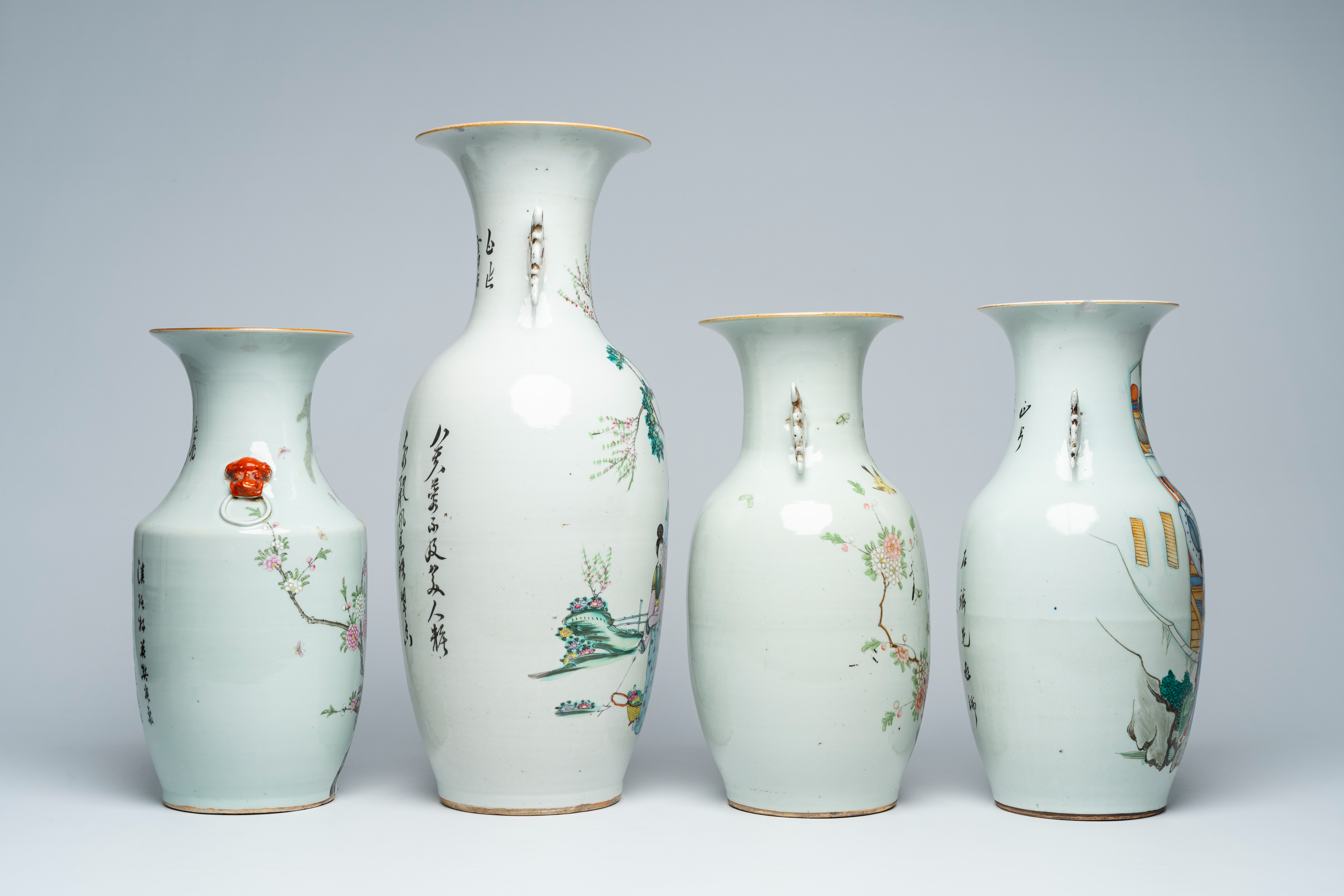 Four various Chinese famille rose and qianjiang cai vases with figures in a garden and birds among b - Bild 4 aus 6