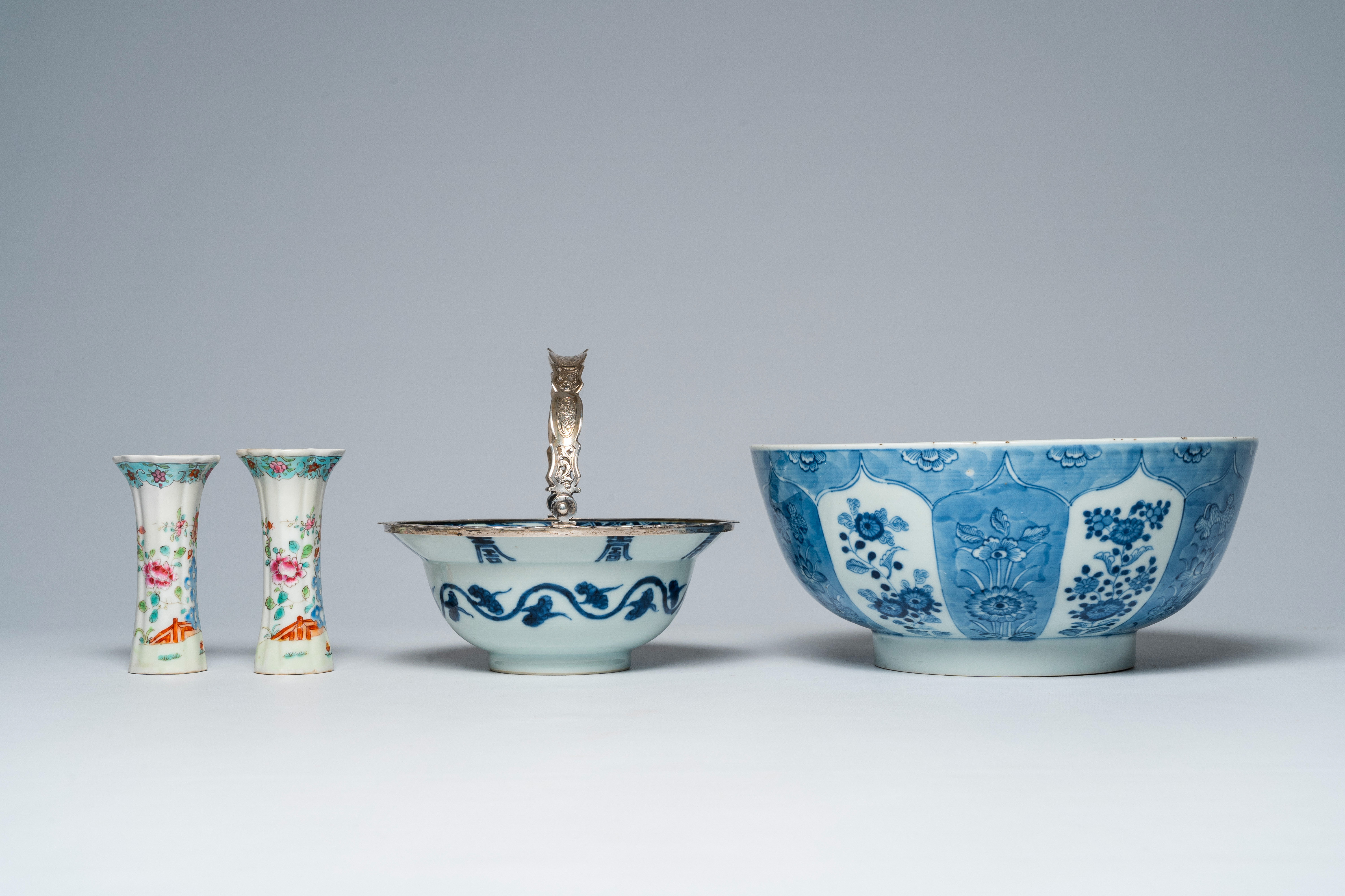 Two Chinese blue and white bowls and a pair of famille rose vases, Kangxi/Qianlong - Image 3 of 7