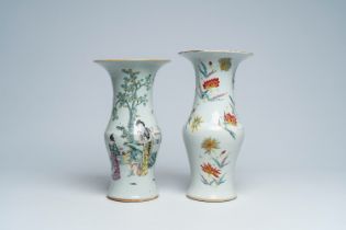 Two Chinese famille rose and qianjiangcai yenyen vases with floral design and figures in a landscape