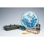 A Chinese blue and white strainer, a collection of cloisonne and a necklace of inside painted glass