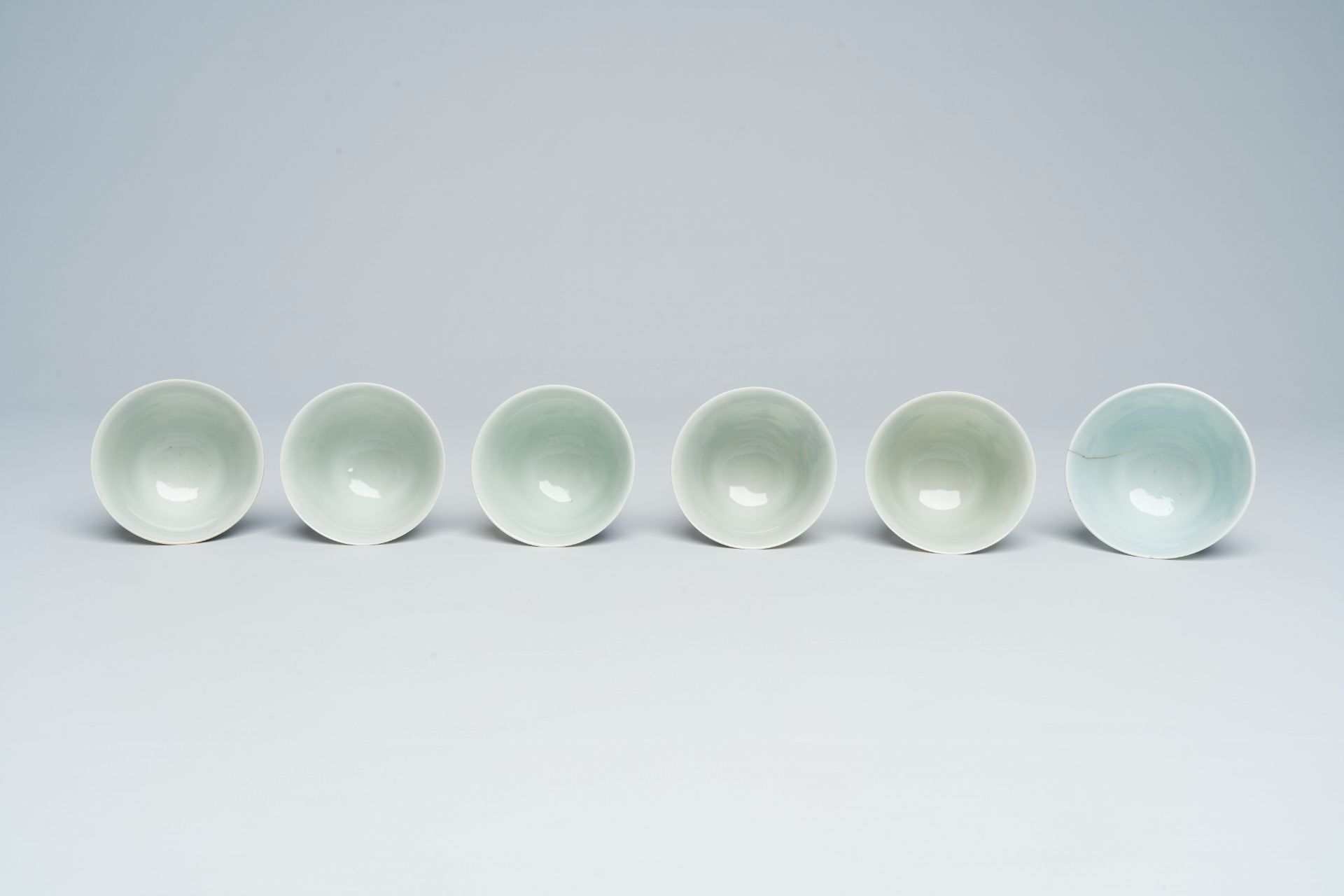 Six Chinese blue and white cups and saucers with Immortals in a boat, Daoguang - Image 8 of 9