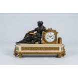 A French gilt bronze mounted white marble mantel clock with a reading lady, Charpentier & Cie, 19th